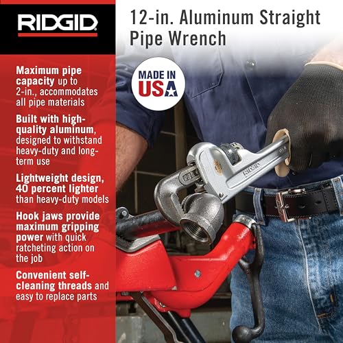 Image of Ridgid 47057 Model 812 Aluminum Straight Pipe Wrench, 12-inch Plumbing Wrench, Silver, Small
