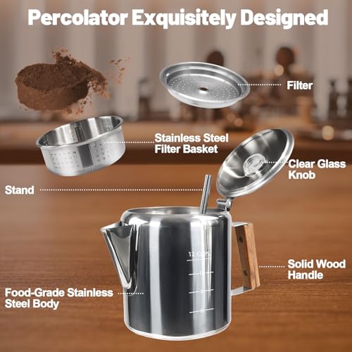 Image of 12 Cup Percolator 304 Stainless Steel Coffee Pot Coffee Maker Coffee Machine with Solid Wood Handle Transparent Knob Stovetop Greca Mocha for Induction Home and Camping 2200ml 74.4oz