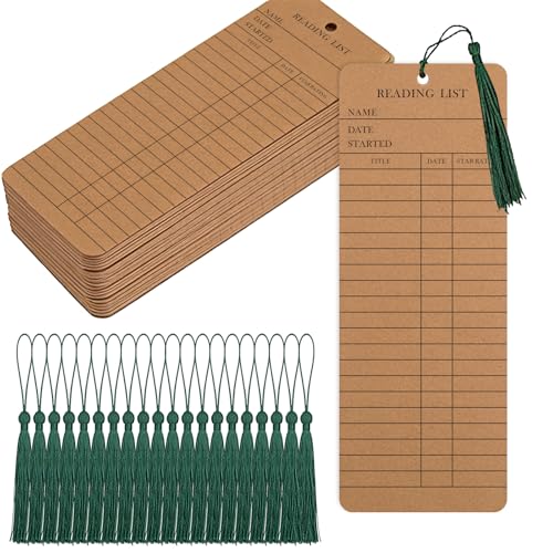 100 Pcs 50 Elegant Reading List Bookmarks with 50 Dark Green Tassels 3x8 Inch Cardstock Book Tracker & Reading Log for Book Lovers Students Teachers Graduation Gifts & Back-to-School Supplies