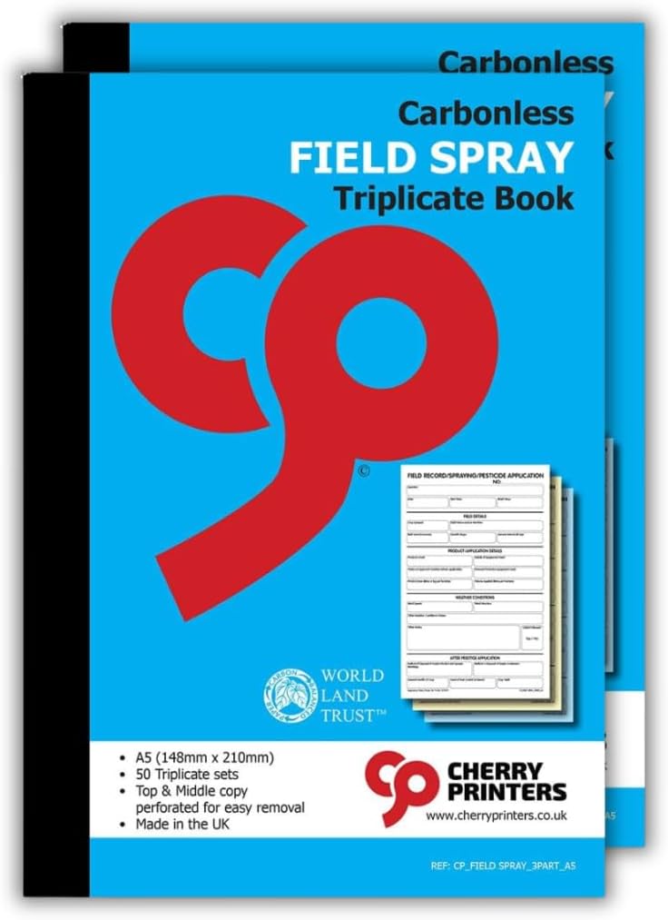 Cherry Carbonless Field Spray Triplicate Book A5, 50 zestawów | NCR | perforowana górna i środkowa kopia | wyprodukowano w Wielkiej Brytanii, profesjonalna podkładka do opryskiwania polowego i | Wspiera zgodność z przepisami dotyczącymi obróbki roślin i