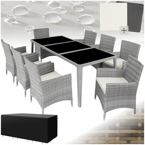tectake® Conjunto Jardín Exterior de Ratán y Aluminio, Muebles Jardín Exterior Resistente a la Intemperie, 8 Sillas con Cojines, 1 Mesa con Cristal, 2 Juegos de Fundas y Funda Protectora   Gris Claro