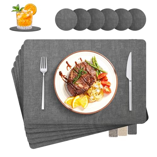 Tischsets Abwaschbar, 6er Set Leinenimitat Lederoptik Platzset und Untersetzer, Hitzebeständig Doppelseitigen, 30x43cm Tischuntersetzer rutschfest für Hause Küche Restaurant und Hotel(Schwarz)