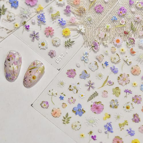 Image of Flower Nail Stickers for Nail Art Spring Nail Decals 5D Embossed Self-Adhesive Nails Charms Floral Nails Design Supplies Decoration Accessories for Women 1 Sheets