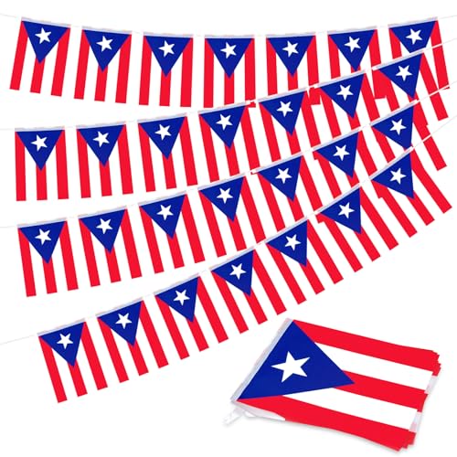 Image of 32.8 ft Puerto Rico Flag Banner, 30 Pcs Mini String Flags, Red White Blue Bunting for Puerto Rican Day Parade, Festivals, Home, Garden, and Outdoor Decorations