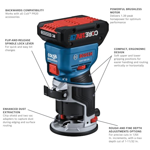 Image of Bosch GKF18V-25PL14 18V Brushless Colt Palm Router Kit with (1) CORE18V 4 Ah Advanced Power Battery and Plunge Base