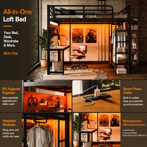Image of Bellemave Metal Full Size Loft Bed with Desk and LED Lights,Heavy Duty Loft Bed Frame with Storage Shelves and Charging Station for Kids,Teens,Adults, Space Saving,Black