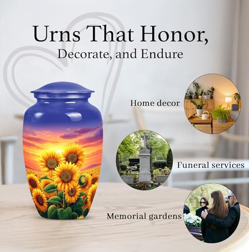 Image of Yellow Sunflower Urns for Human Ashes - Sunset Large Urns for Human Ashes Adult - Cremation Urn with Sunflowers for Adult Male and Female - Large Decorative Urn for Mother and Father 10inch