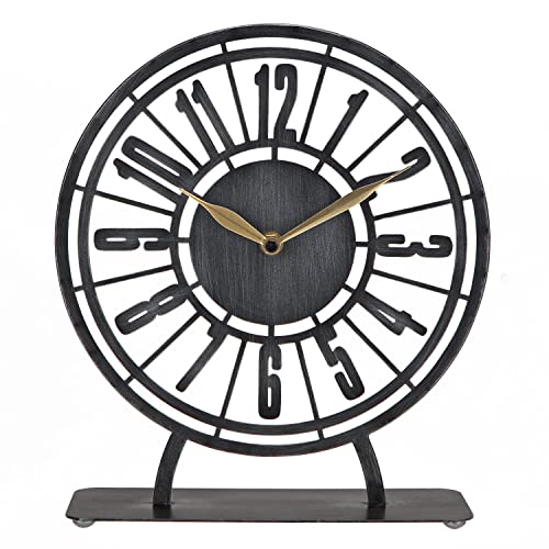 NIKKY HOME Large Modern Metal Table Clock, Round Metal Clocks with Quartz Battery Operated, Rustic Design Roman Numeral European Industrial Distressed for Living Room, Bedroom, Office