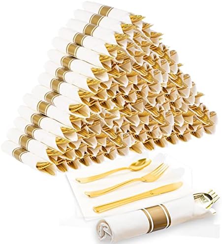 60 Pack Pre Rolled Gold Plastic Silverware Set, Wrapped Plastic Cutlery Set with 60 Napkins 60 Forks, 60 Knives, and 60 Spoons, Disposable Heavy Duty Plastic Utensils Set for Dinner Party Wedding
