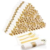 60 Pack Pre Rolled Gold Plastic Silverware Set, Wrapped Plastic Cutlery Set with 60 Napkins 60 Forks