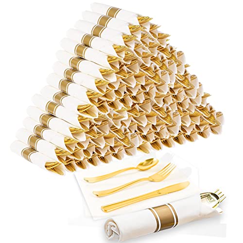 60 Pack Pre Rolled Gold Plastic Silverware Set, Wrapped Plastic Cutlery Set With 60 Napkins 60 Forks, 60 Knives, And 60 Spoons, Disposable Heavy Duty Plastic Utensils Set For Dinner Party Wedding #TOP19