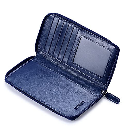 Image of HISCOW Leather Checkbook Cover, Zippered Wallet, Antiqued Blue | Full grain cowhide, 5cc & ID window, personal check book & register pockets, removable duplicate divider, women secure zipper