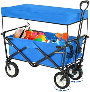 Increkid Folding Utility Cargo Wagon Cart w/Removable Canopy, Heavy-Duty Collapsible Outdoor Portable Adjustable Hand Cart, 7.5 Brake Wheel&Cup Holder for Shopping, Picnic, Beach, Camping, Sport 170LB