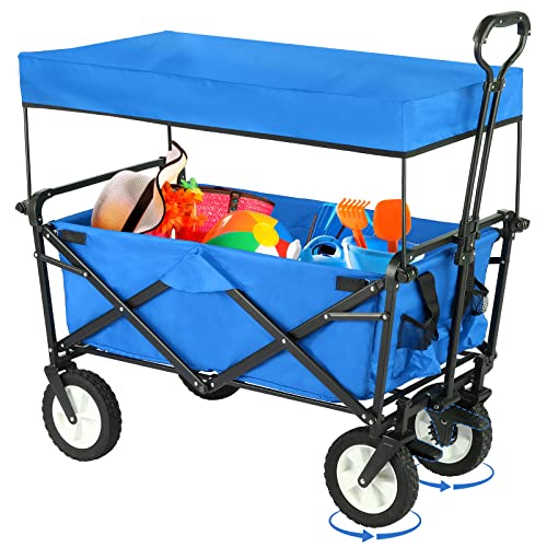 Increkid Folding Utility Cargo Wagon Cart w/Removable Canopy, Heavy-Duty Collapsible Outdoor Portable Adjustable Hand Cart, 7.5 Brake Wheel&Cup Holder for Shopping, Picnic, Beach, Camping, Sport 170LB