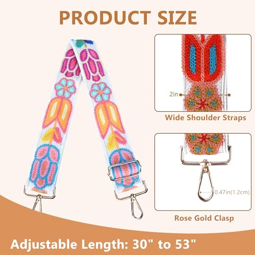 Image of Purse Strap, Adjustable Embroidery Flower 2 Inch Wide Purse Straps Replacement Crossbody for Women