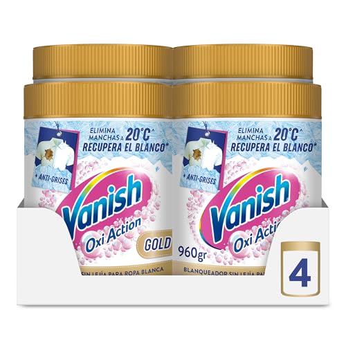Vanish Oxi Action Gold - Quitamanchas multibeneficio, blanqueador y potenciador del lavado, para ropa blanca, En Polvo, Sin Lejía 3,84 (4x 960g)