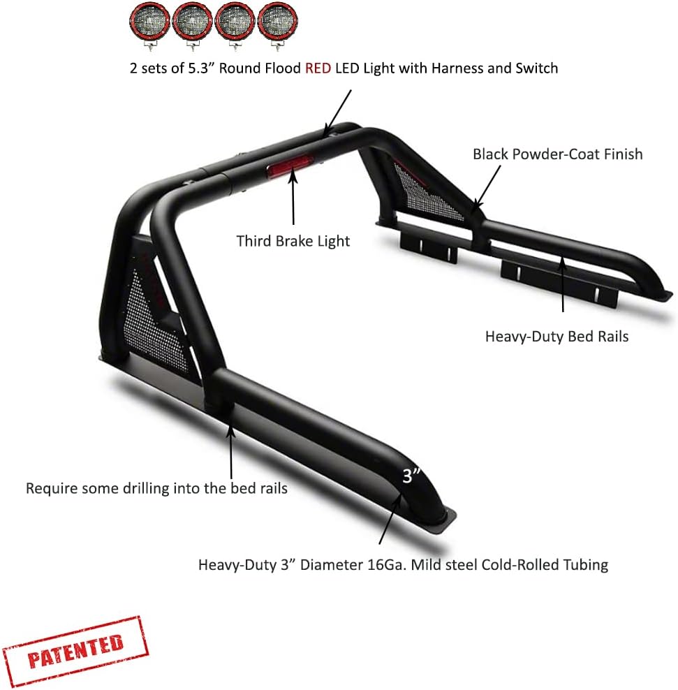 Black Horse Gladiator Roll Bar Incl. Set of 5.3" Dia.LED Lights w/Red Trim Rings Modular Black Compatible with 2015-2026 GMC Canyon|2015-2026 Chevrolet Colorado|2015-2026 Toyota Tacoma-GLRB-03B-PLFR