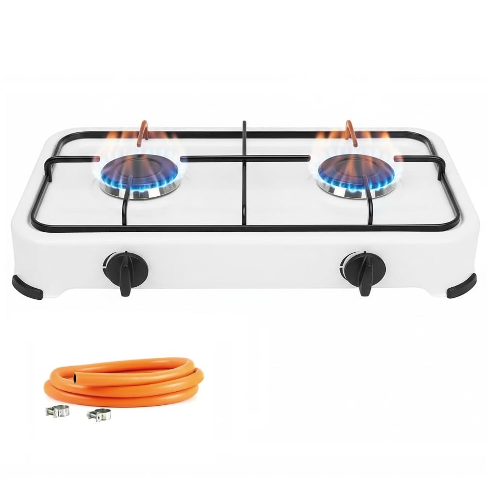 Cocina Hornillo de gas portatil para camping y exterior con 2 quemadores, placa de gas, manguera de presión para butano incluido.