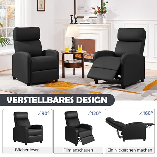 Yaheetech Relaxsessel Fernsehsessel Einzelsofa Ruhesessel mit Verstellbarer Beinablage Liegesessel aus Kunstleder Schwarz