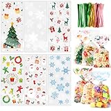 120 Christmas Treat Bags, 6 Styles Clear Cellophane Bags with 150 Ties, Xmas Cello Small Candy Cookie bags for Goodies Gift Christmas Winter Holiday Party Favors Supplies (4.92 x 10.83 IN)