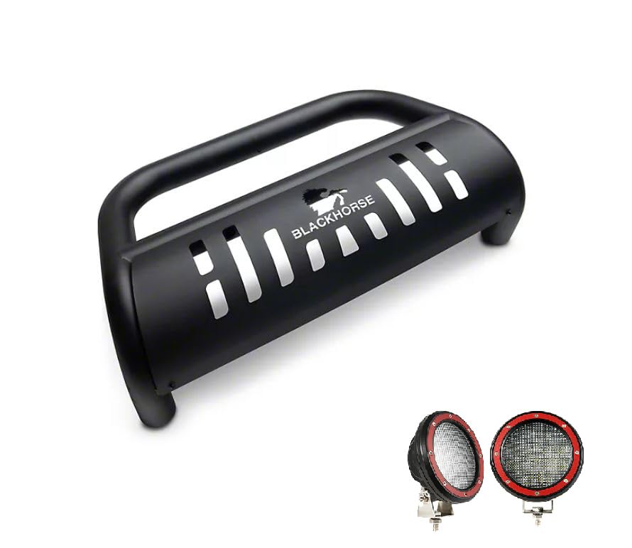 Image of Black Horse Bull Bar Incl. pair of 5.3 inchDia.LED Lights w / Red Trim Rings Skid Plate Matte Black Compatible with 2016-2023 Jeep Renegade-BBJPREA-SP-PLFR