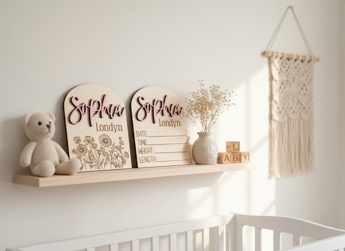 Personalized Floral Arched Baby Announcement Sign Set, Wooden Name & Birth Stat Plaque, Custom Newborn Keepsake, 2 Sizes (Bundle Floral + Stat Sign)