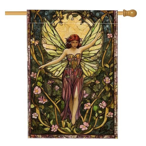 Spring Summer Fairy Garden Flag, Yellow Stained Glass Wings Floral