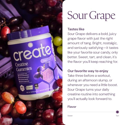 Image of Create Creatine Gummies - Energy & Strength - 90ct - Sour Grape | NSF Certified for Sport - Made with Creatine Monohydrate, Vegan & Gluten-Free, Anti-Melting Formula, 1.5g per Gummy