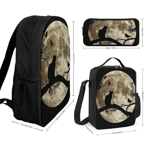 3 Piece Backpack for Women Men Lightweight Causal Daypack Shoulder Bag Set with Insulated Lunch Bag And Pencil Case Organizers Cat Sitting on A Branch2