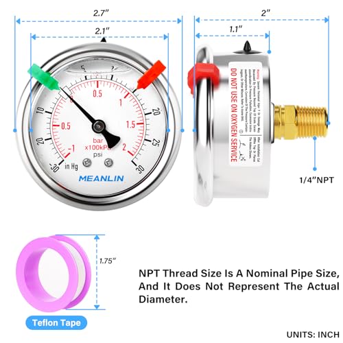 Image of MEANLIN MEASURE -30inHG~30Psi Vacuum Pressure Gauge 1 /4 inch NPT 2.5 inch FACE DIAL, Stainless Steel Liquid Filled Pressure Gauge WOG Water Oil Air Center Back Mount (with 2PCS Snaps)