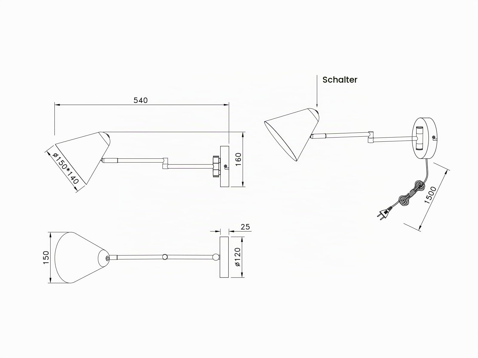 meineWunschleuchte Wandleuchte mit Schwenkarm, Stecker und Schalter, Metall Apricot, Höhe 16cm