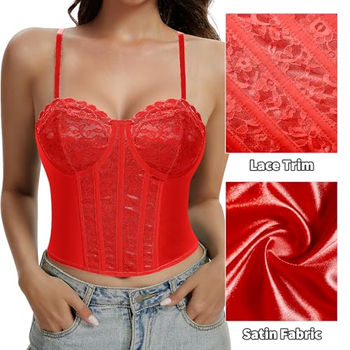 Image of Lace Corset Tops for Women Sexy Going Out Bustier Top Sleeveless Adjustable Straps Crop Tops with Back Hooks