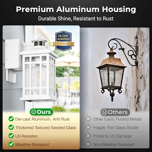Image of White Motion Sensor Outdoor Lights with GFCI Outlet, Distance and Time Adjustable Exterior Lighting Fixtures, Dusk to Dawn Outside Light for House, Porch, Garage, 5 Modes, Waterproof, Anti-Rust