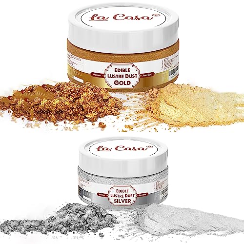 Image of La Casa Premium Edible Lustre Dust - GOLDEN & SILVER | Pack of 2 | Pearl Dust Ideal for Cake Icing Decoration & Garnishing | 2x9gm |