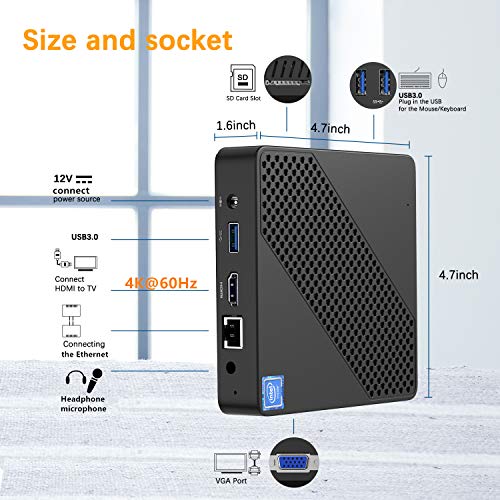 Mini PC Fanless Intel Celeron N4000 (up to 2.6GHz) 4GB DDR/64GB eMMC Mini Desktop Computer Windows 10 Pro HDMI and VGA Port 2.4/5.8G WiFi BT4.2 3xUSB3.0 Support Linux,NGFF 2242 SSD