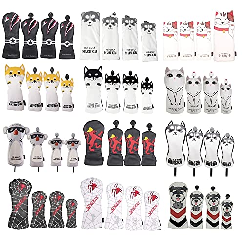 ゴルフカバー ヘッドカバー クラブセット ドライバー用カバー 440cc 460cc用カバー ウッド用カバー ユーティリティ用 UT用カバー 3点セット 4点セット 防水仕様 秋田犬 ハスキー ネコ コアラ サメ ライオン 蜘蛛