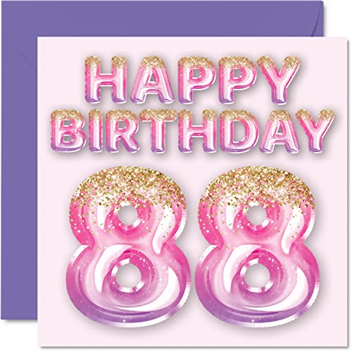 Geburtstagskarte zum 88. Geburtstag für Frauen - rosa & lila Glitzerballons - Happy Birthday Karten für 88 Jahre alte Frau Mama Great Nanny Grandma Gran, 145 mm x 145 mm 88 mm Grußkarten Geschenk Cover