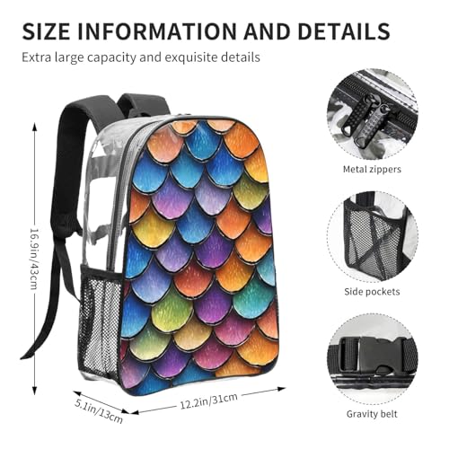 Mermaid Fish Scale Print Work Travel Stadium Events Transparent Backpack PVC Clear Bag Large Side Pockets4