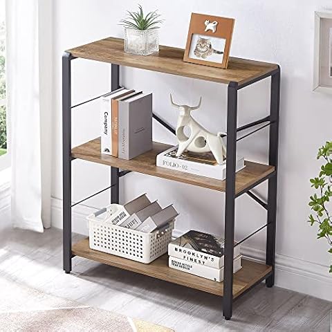 FOLUBAN Small Bookshelf, 3 Tier Open Book Shelf, Rustic Wood and Metal Shelving Unit for Small Space, Oak Cover