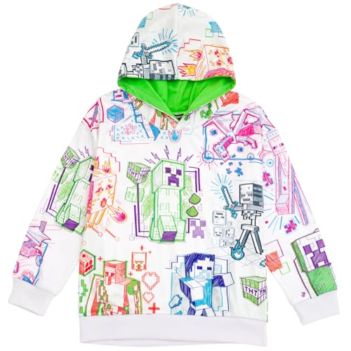 Minecraft Sudadera con capucha de forro polar para niños pequeños a niños grandes (4-18-20), Blanco, 10-12