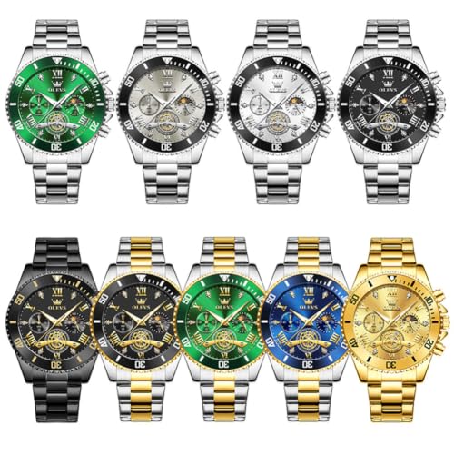 Image of OLEVS Mens Watches Chronograph Luxury Dress Moon Phase Two Tone Stainless Steel Waterproof Luminous Business Calendar Wrist Watch