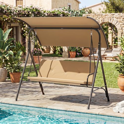 Image of Tangkula 2 Person Porch Swing, Outdoor Swing with Removable Cushions, Solid Metal Structure, Patio Swing with Adjustable Canopy for Garden, Backyard, Balcony, Poolside