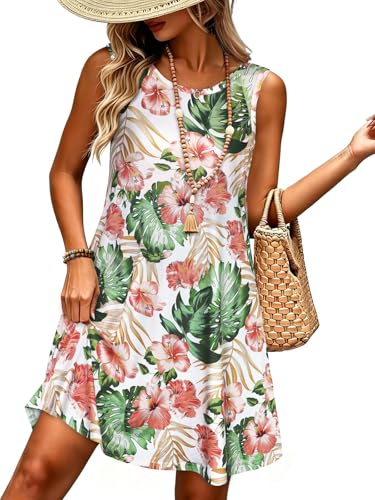 Image of elescat Women's Summer Dresses 2026 Beach Casual Sleeveless Floral Print Tank Loose Sundress with Pocket