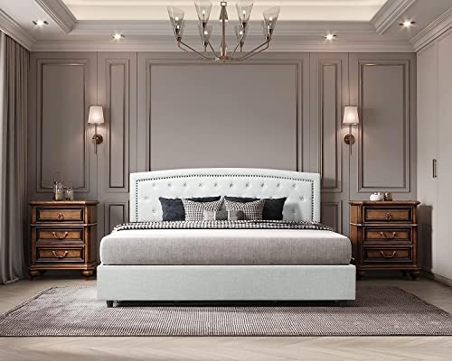 Bonsoir Storage Bed Frame Upholstered Low Profile Traditional Platform With Tufted And Nail Headboard/No Box Spring Needed/4 Pull Out Drawers/Sand Color Linen Fabric (Full Size) #TOP1