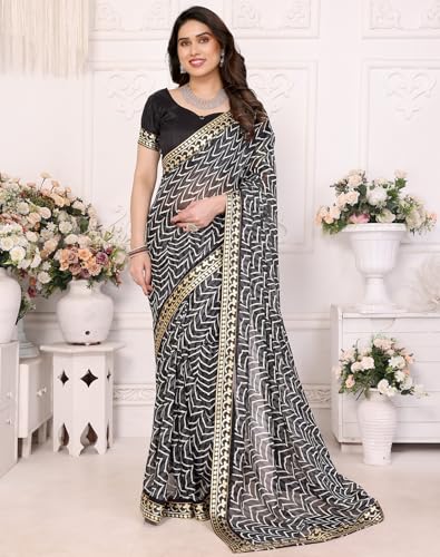 Image of Yashika Women's Printed Georgette Printed Saree With Lace Border and Blouse Material