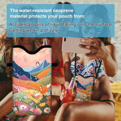Image of Neoprene Cell Phone Sleeve Pouch Case Bag with Crossbody Strap Neck Lanyard for Women 7.1 X 3.9 in Colorful Mountains