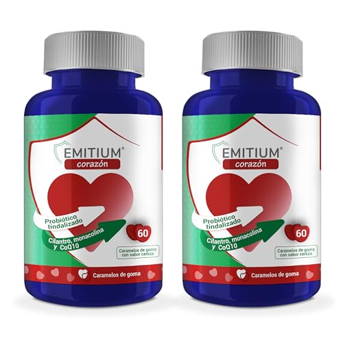 Pack de 2 [120 gominolas] | Levadura de Arroz Rojo, Coenzima Q10 y Cilantro | Baja el Colesterol y los Triglicéridos, Mejora la Salud Cardiovascular | Sabor cereza con Probióticos | EMITIUM Corazón