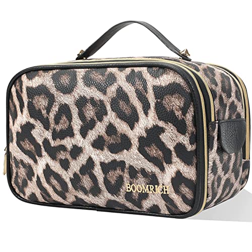 BOOMRICH Large Travel Makeup Bag, Cosmetic Bag, Toiletry Bag for Women, Water-Resistant Leather Toiletry Organizer, Dopp Kit for Toiletries Accessories, Leopard