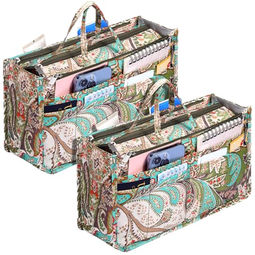SilTriangle 2 Pcs Printing Handbag Organizers Peacock Flower Purse Tote Organizer Insert Liner Bag with 13 Pockets, High Capacity, for Women Tote, Handbag Organizer