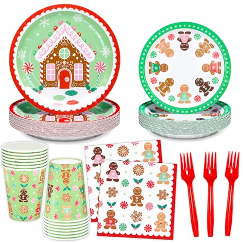 Christmas Party Supplies, Christmas Gingerbread Party Disposable Napkins, Dinner Plates, Dessert Plates, Cups and Forks Tableware Set for Merry Christmas Party Winter Holiday Decorations, Serve 24